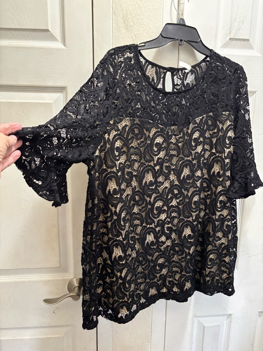Perseption Black Lace Overlay Top with Nude Lining